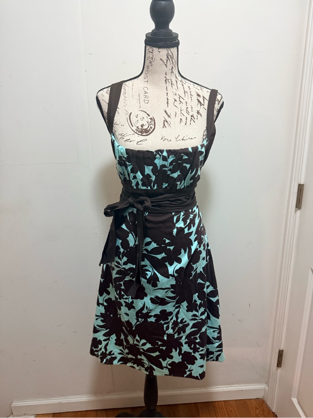 dressbarn Aqua and Black Floral Midi Dress with Waist Sash